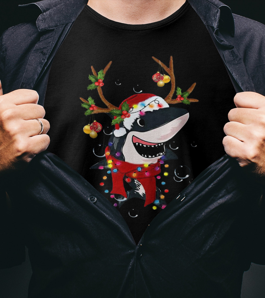 Shark With Christmas Reindeer Antlers And Santa Hat T-Shirt