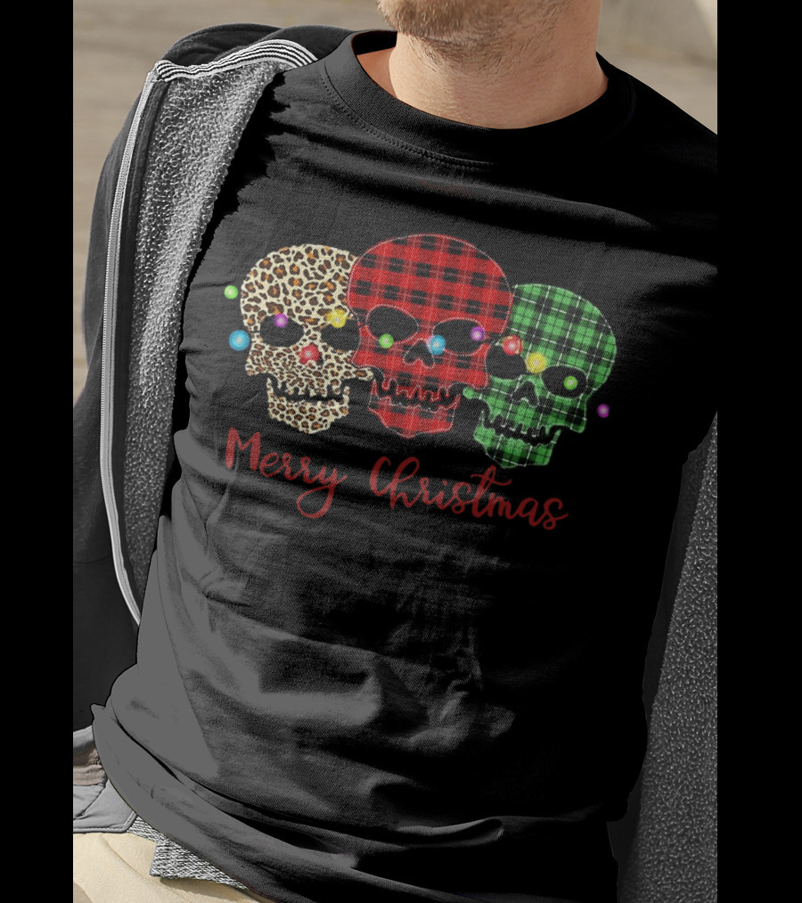 Merry Christmas Skulls Leopard Red Green Plaid Printed T-Shirt