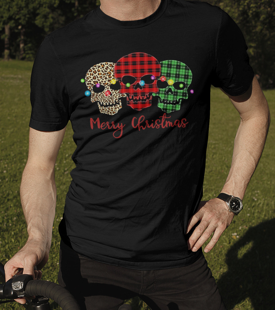 Merry Christmas Skulls Leopard Red Green Plaid Printed T-Shirt