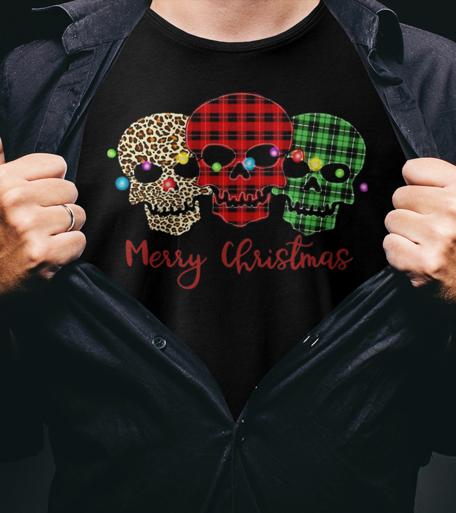 Merry Christmas Skulls Leopard Red Green Plaid Printed T-Shirt