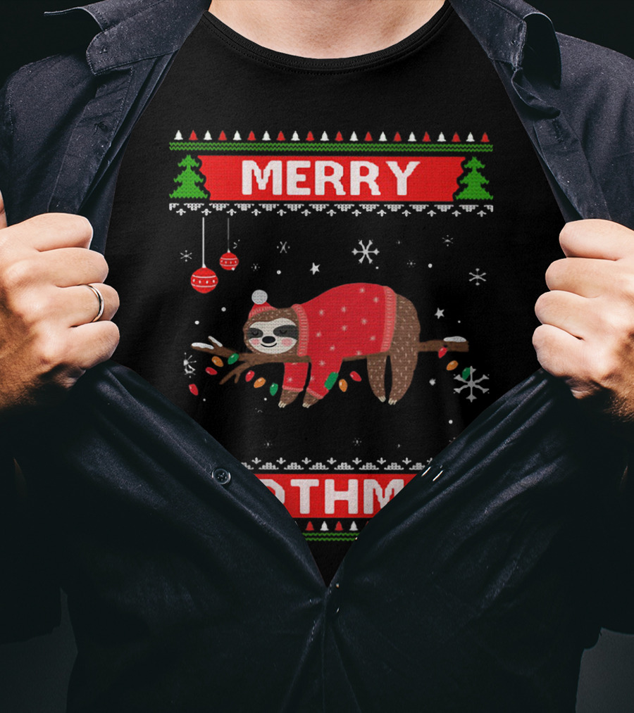 Merry Slothmas Christmas Sloth In Festive Sweater With Trees And Snowflakes T-Shirt