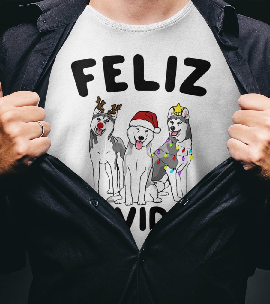 Feliz Navidog Husky Reindeer Santa Lights T-Shirt