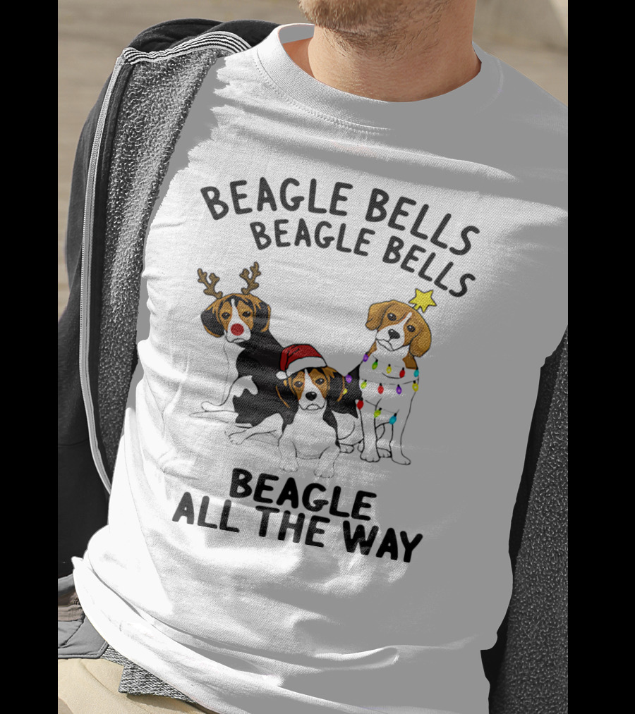 Beagle Bells Beagle All The Way Christmas Theme With Santa Hat And Reindeer Antlers T-Shirt