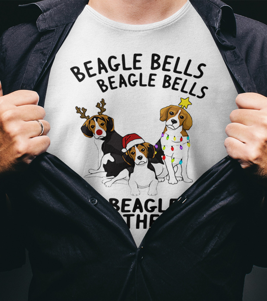 Beagle Bells Beagle All The Way Christmas Theme With Santa Hat And Reindeer Antlers T-Shirt