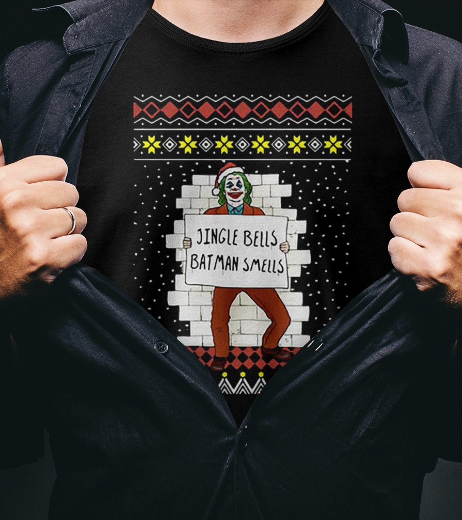 Jingle Bells Batman Smells Joker In Santa Hat Ugly Christmas T-Shirt