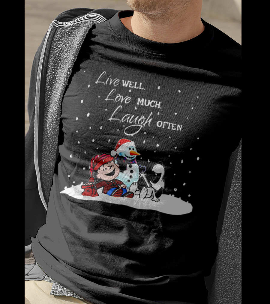 Snoopy Charlie Brown Live Well Love Much Laugh Often Winter Snowman Scene T-Shirt