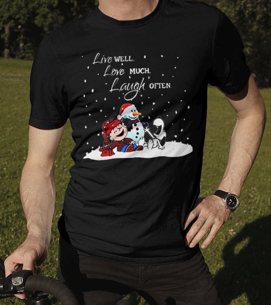 Snoopy Charlie Brown Live Well Love Much Laugh Often Winter Snowman Scene T-Shirt