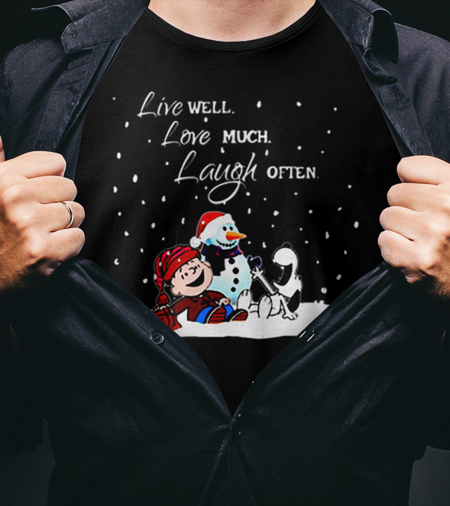 Snoopy Charlie Brown Live Well Love Much Laugh Often Winter Snowman Scene T-Shirt