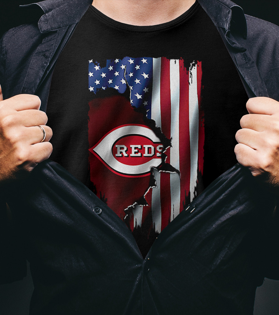 Cincinnati Reds American Flag Iconic Logo T-Shirt