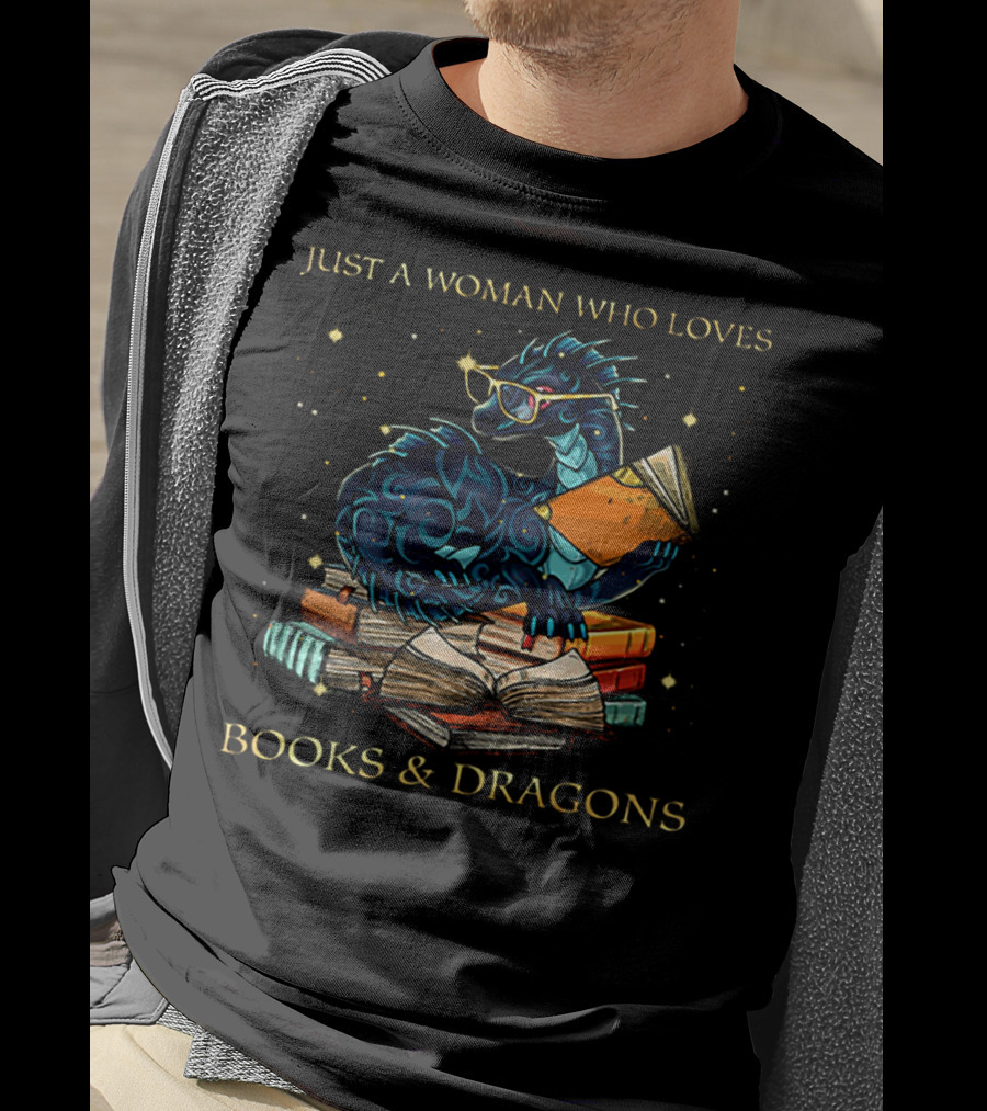 Just A Woman Who Loves Books And Dragons Wearing Glasses Blue Dragon With Book Stack T-Shirt