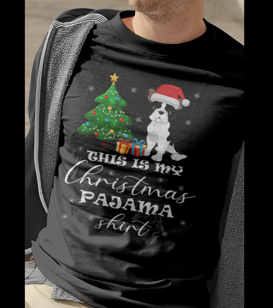 This Is My Christmas Pajama Shirt Bulldog Santa Hat Christmas Tree Presents T-Shirt