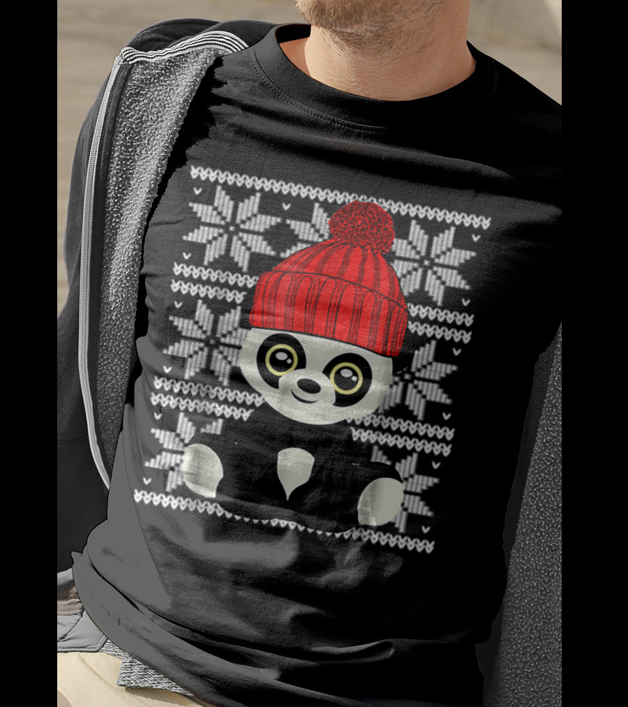Ugly Sweater Christmas Panda Bear With Red Knit Hat T-Shirt