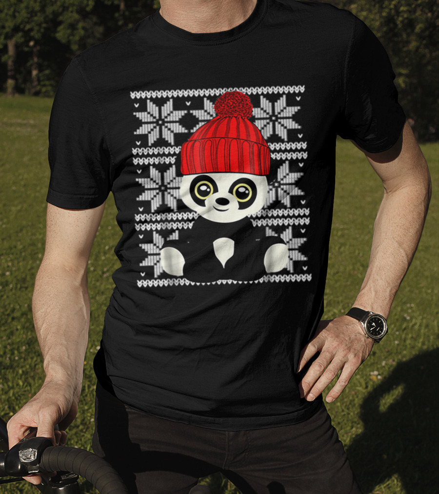 Ugly Sweater Christmas Panda Bear With Red Knit Hat T-Shirt