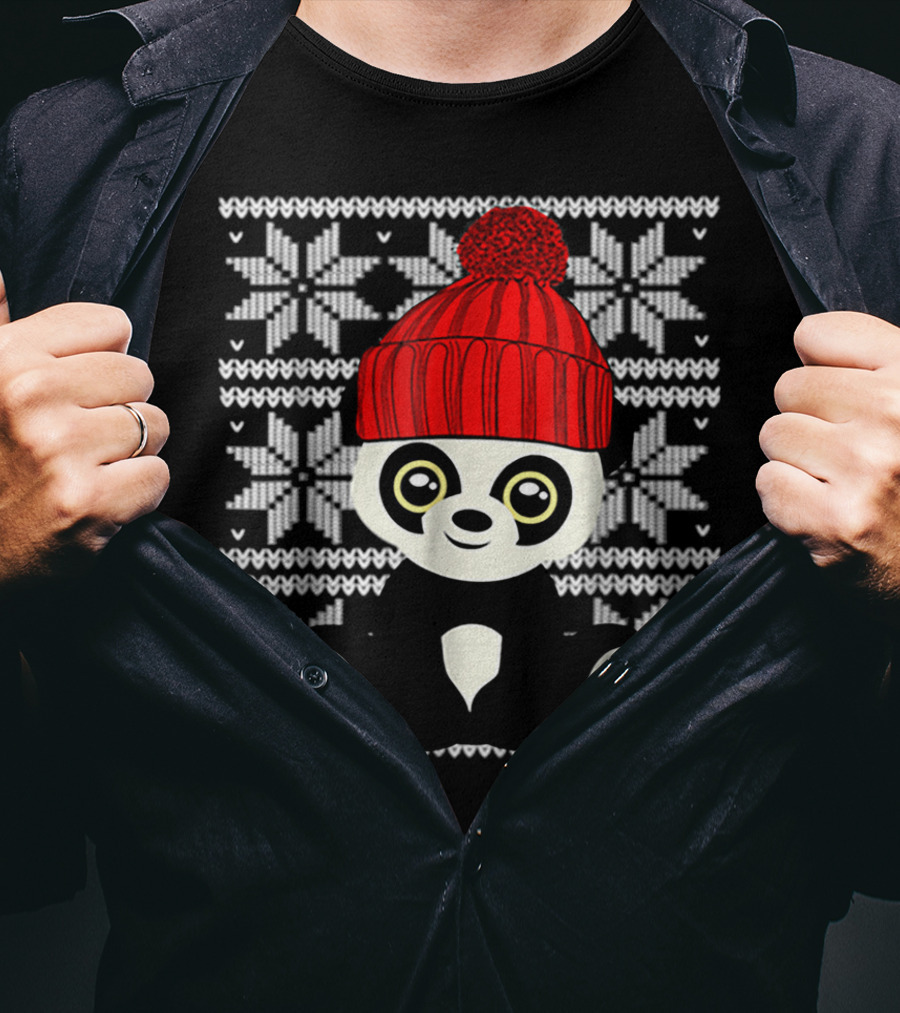 Ugly Sweater Christmas Panda Bear With Red Knit Hat T-Shirt