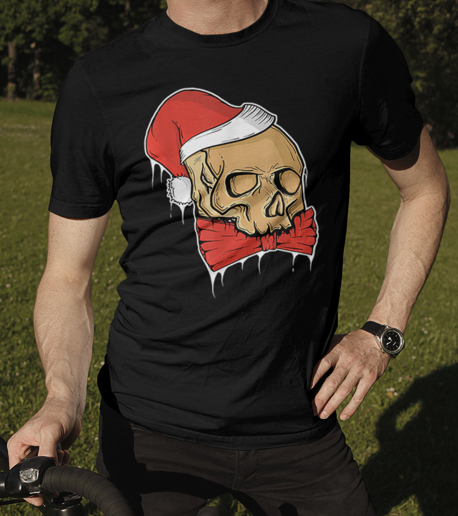 Vintage Skull Christmas Santa Hat Bow T-Shirt
