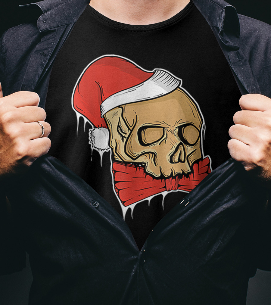 Vintage Skull Christmas Santa Hat Bow T-Shirt