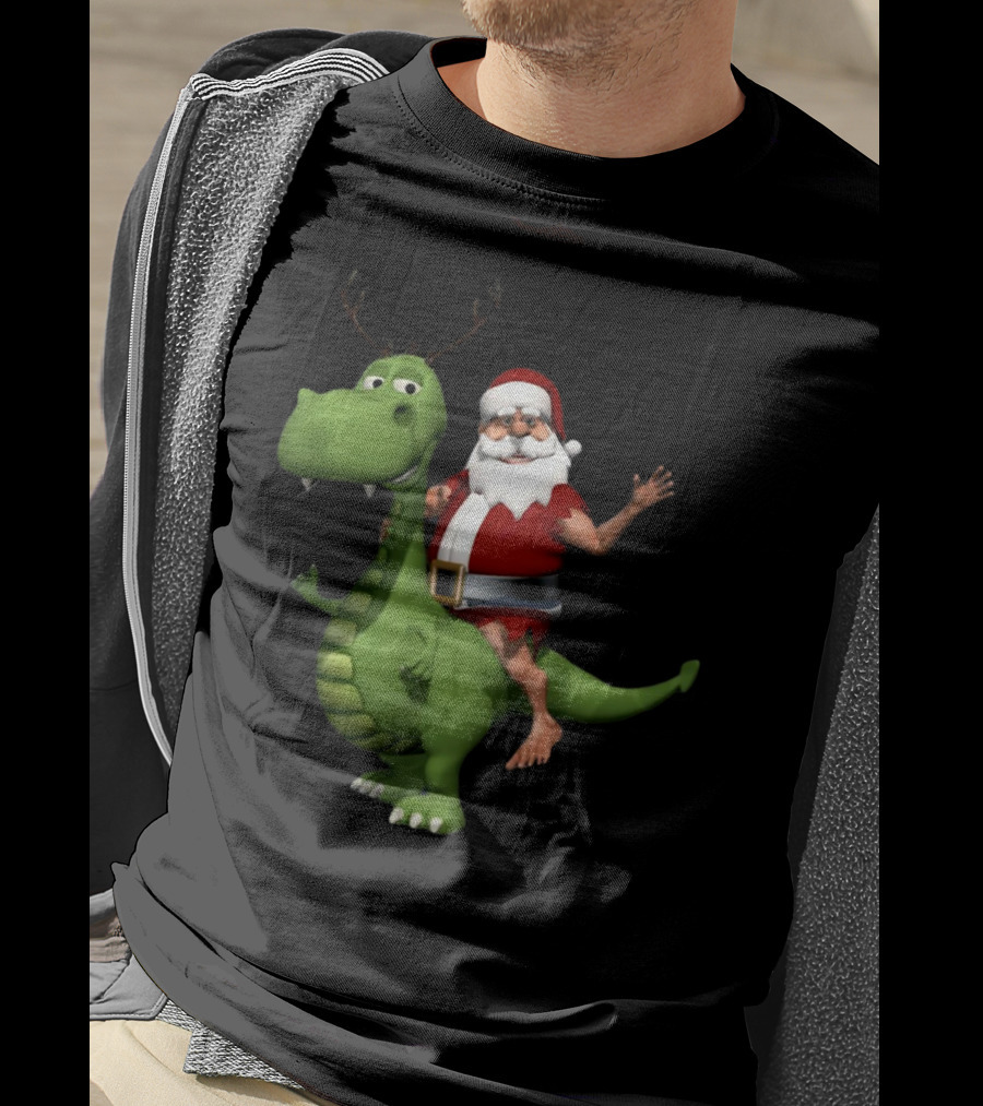 Santa Riding Rex Dinosaur Reindeer Christmas Holiday Fun T-Shirt