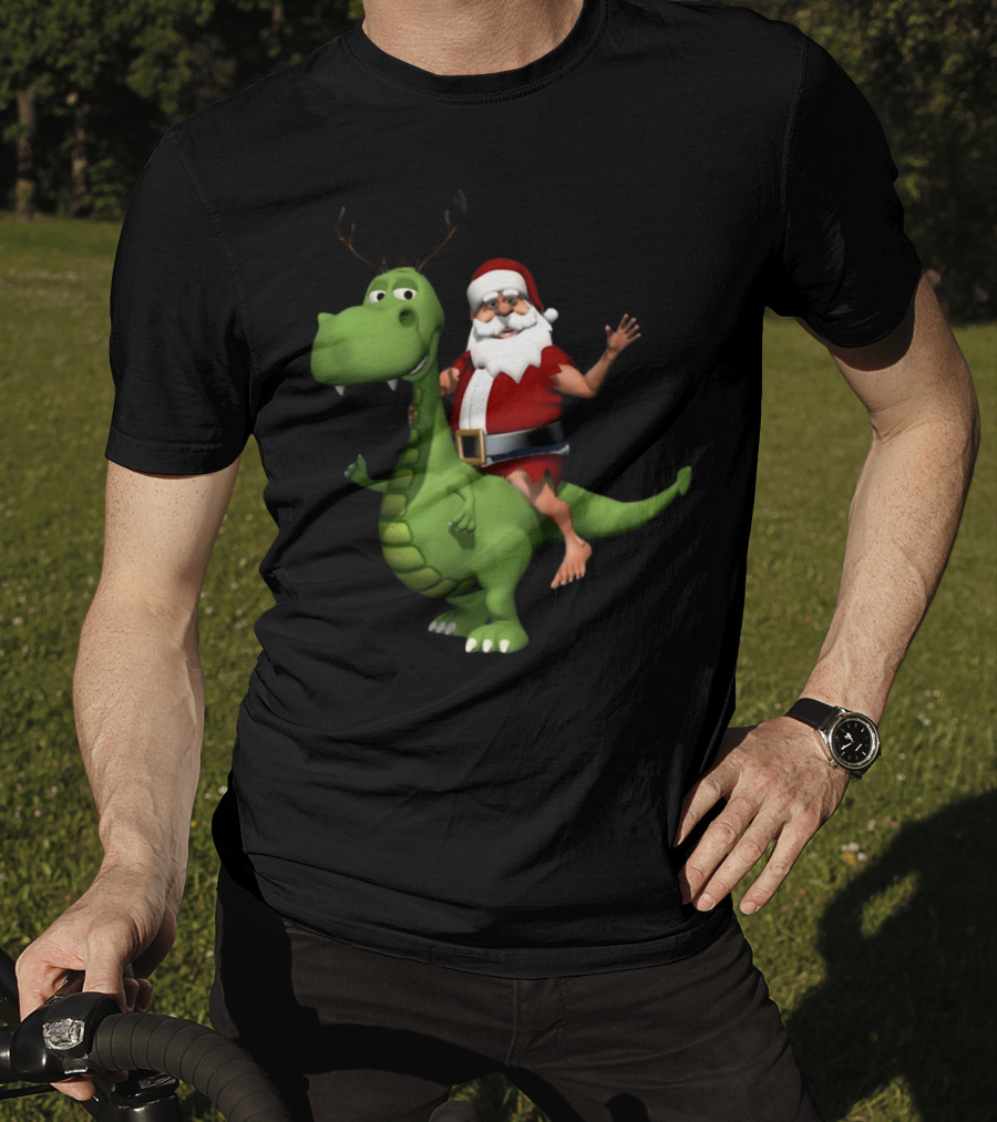 Santa Riding Rex Dinosaur Reindeer Christmas Holiday Fun T-Shirt