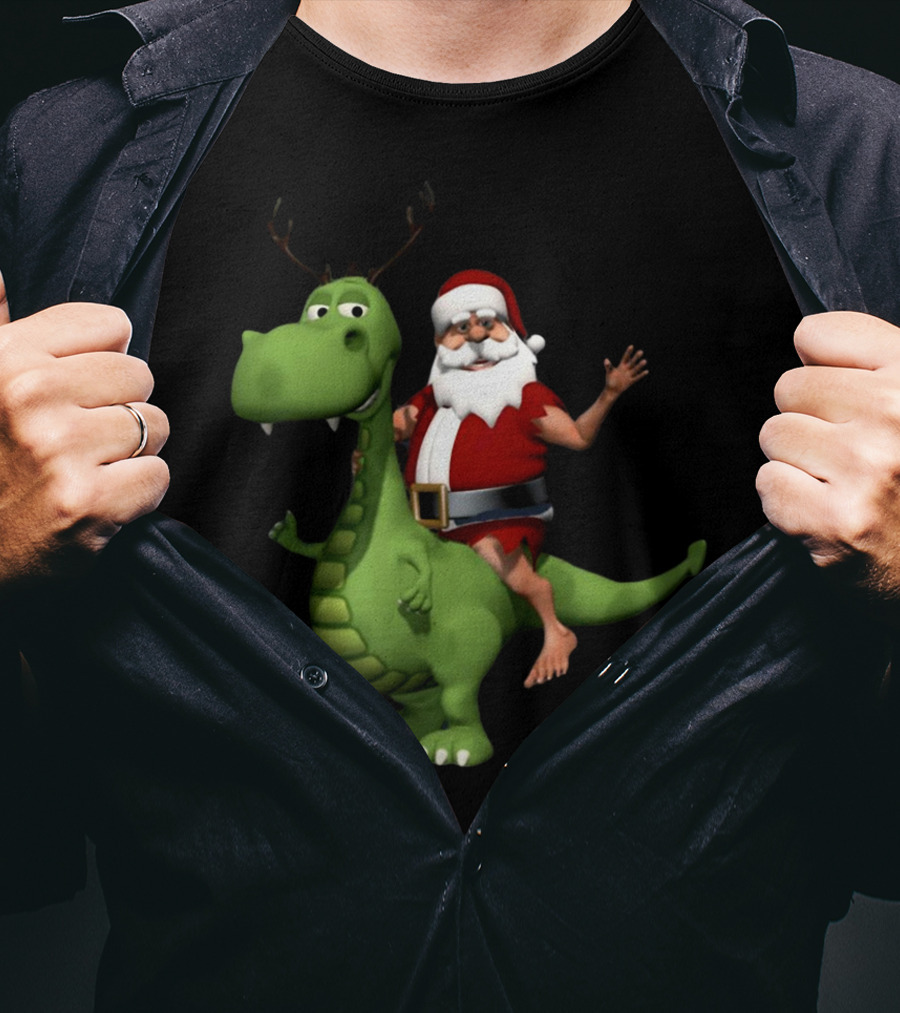 Santa Riding Rex Dinosaur Reindeer Christmas Holiday Fun T-Shirt