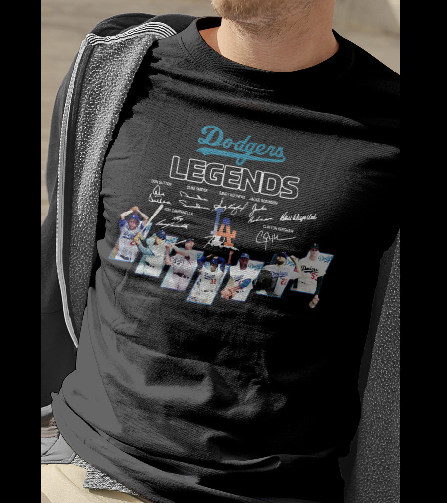 Dodgers Legends Don Sutton Duke Snider Sandy Koufax Jackie Robinson Roy Campanella Kirk Gibson Clayton Kershaw Signatures T-Shirt