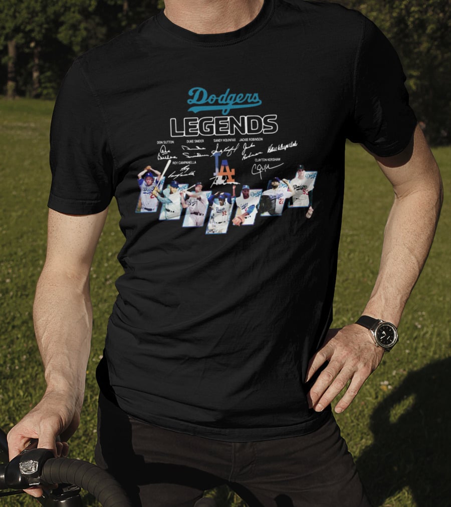 Dodgers Legends Don Sutton Duke Snider Sandy Koufax Jackie Robinson Roy Campanella Kirk Gibson Clayton Kershaw Signatures T-Shirt