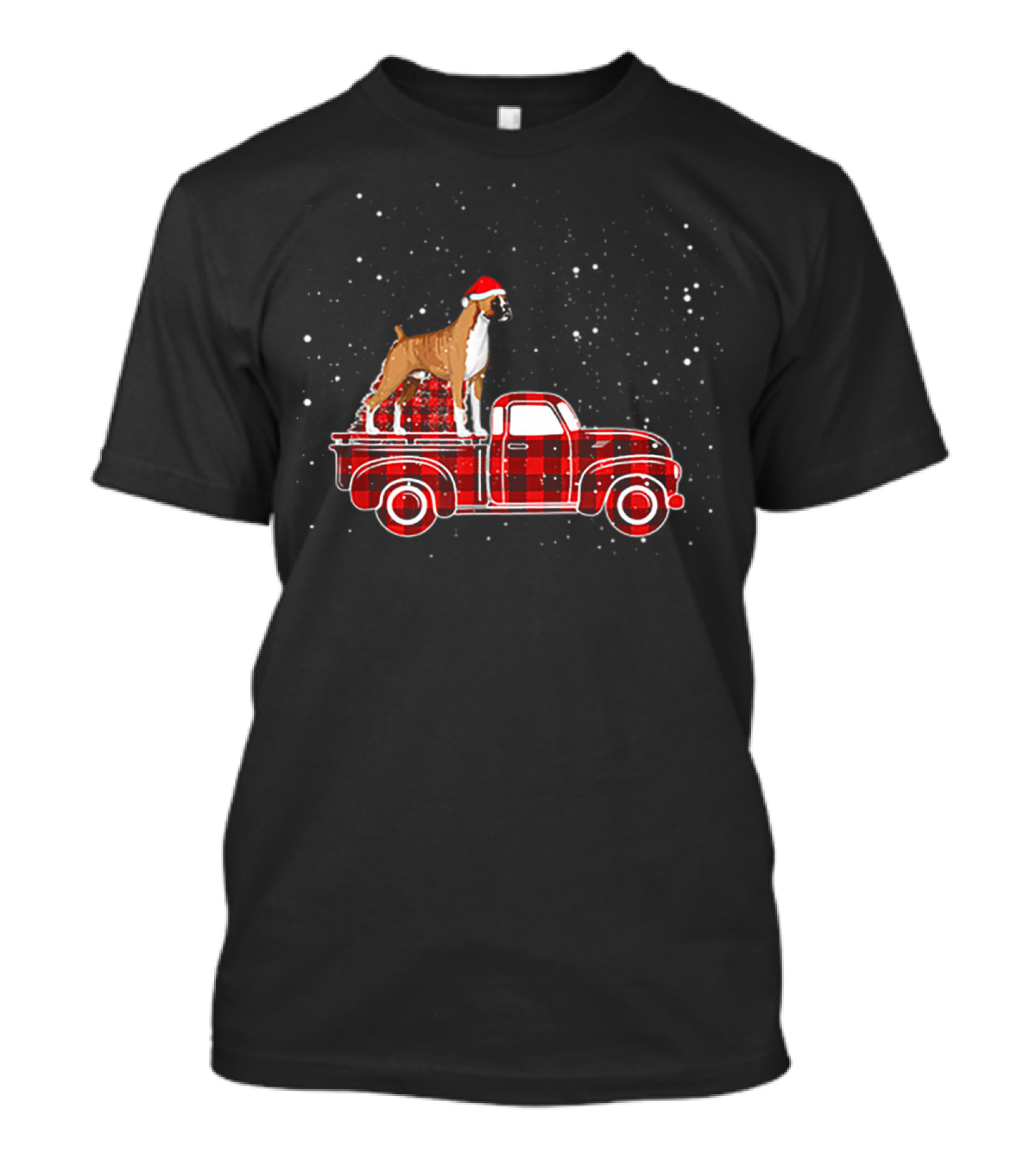 Boxer Buffalo Plaid Truck Xmas Santa Hat Snow T-Shirt
