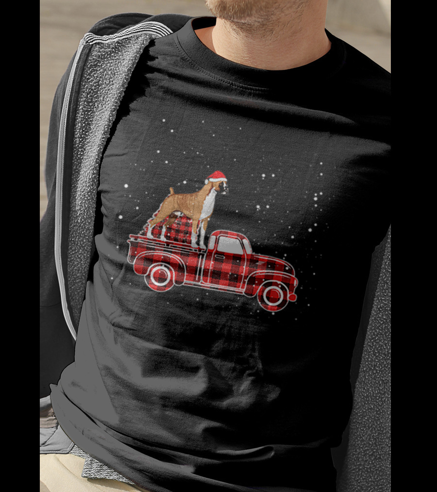 Boxer Buffalo Plaid Truck Xmas Santa Hat Snow T-Shirt