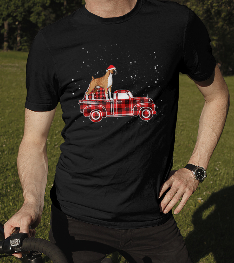 Boxer Buffalo Plaid Truck Xmas Santa Hat Snow T-Shirt