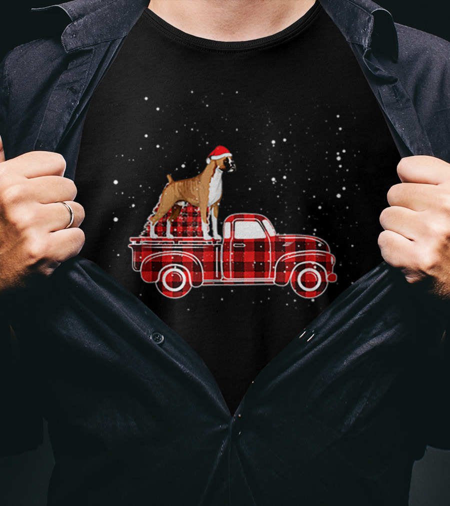 Boxer Buffalo Plaid Truck Xmas Santa Hat Snow T-Shirt