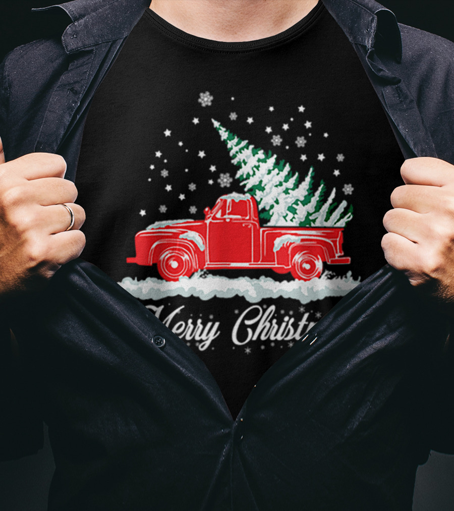 Merry Christmas Classic Old Red Truck With XMAS Tree Snowflakes T-Shirt