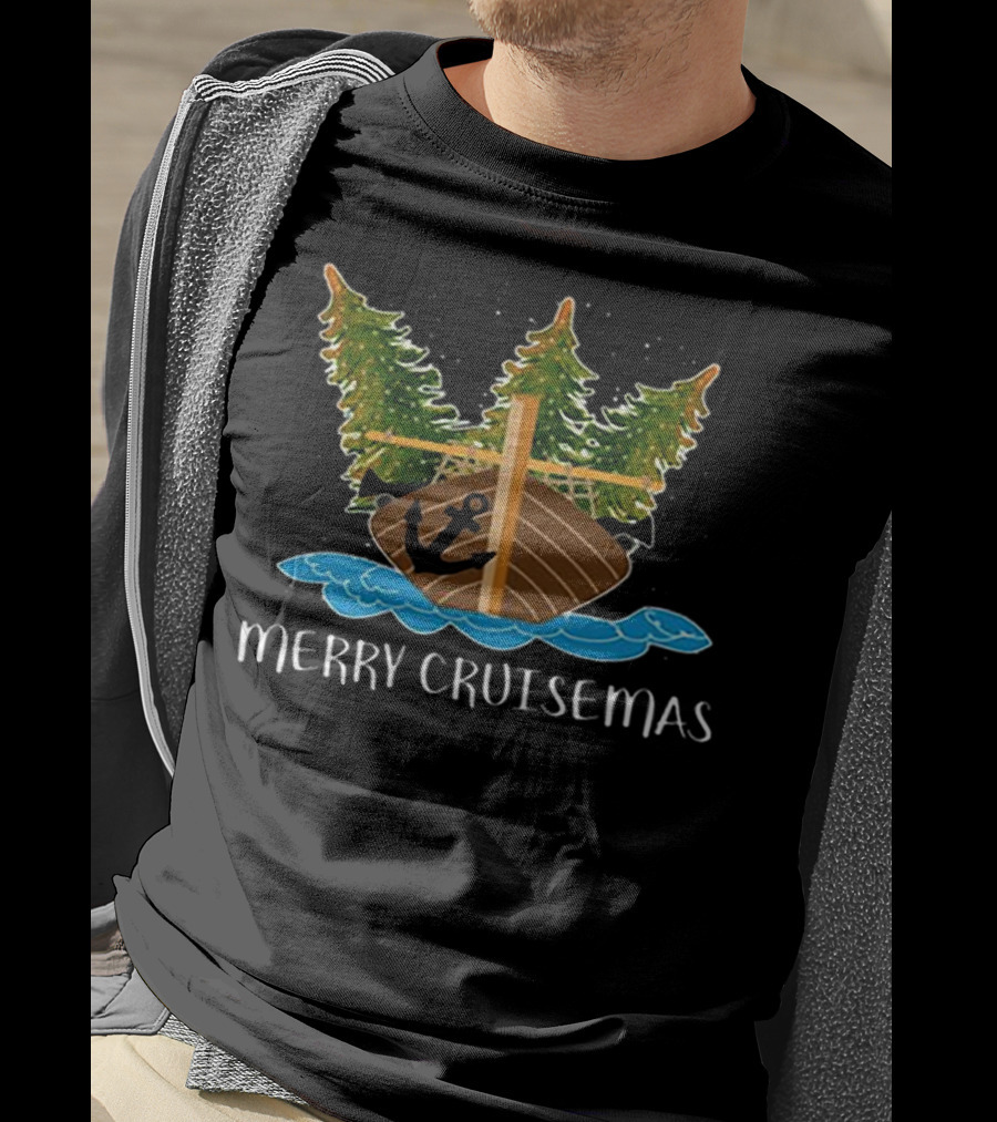 Merry Cruisemas Christmas Cruise Ship With Anchor And Festive Trees T-Shirt