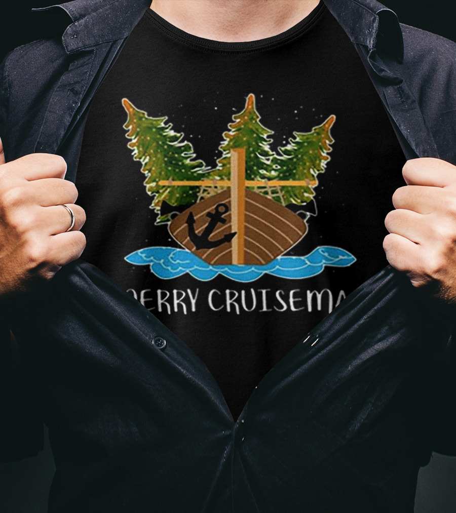 Merry Cruisemas Christmas Cruise Ship With Anchor And Festive Trees T-Shirt