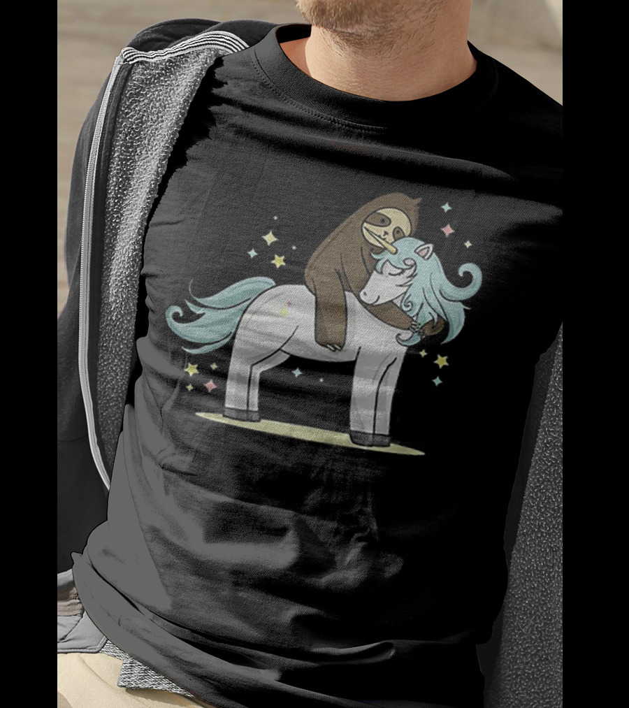 Sloth Hugging Magical Unicorn Surrounded By Sparkling Stars T-Shirt