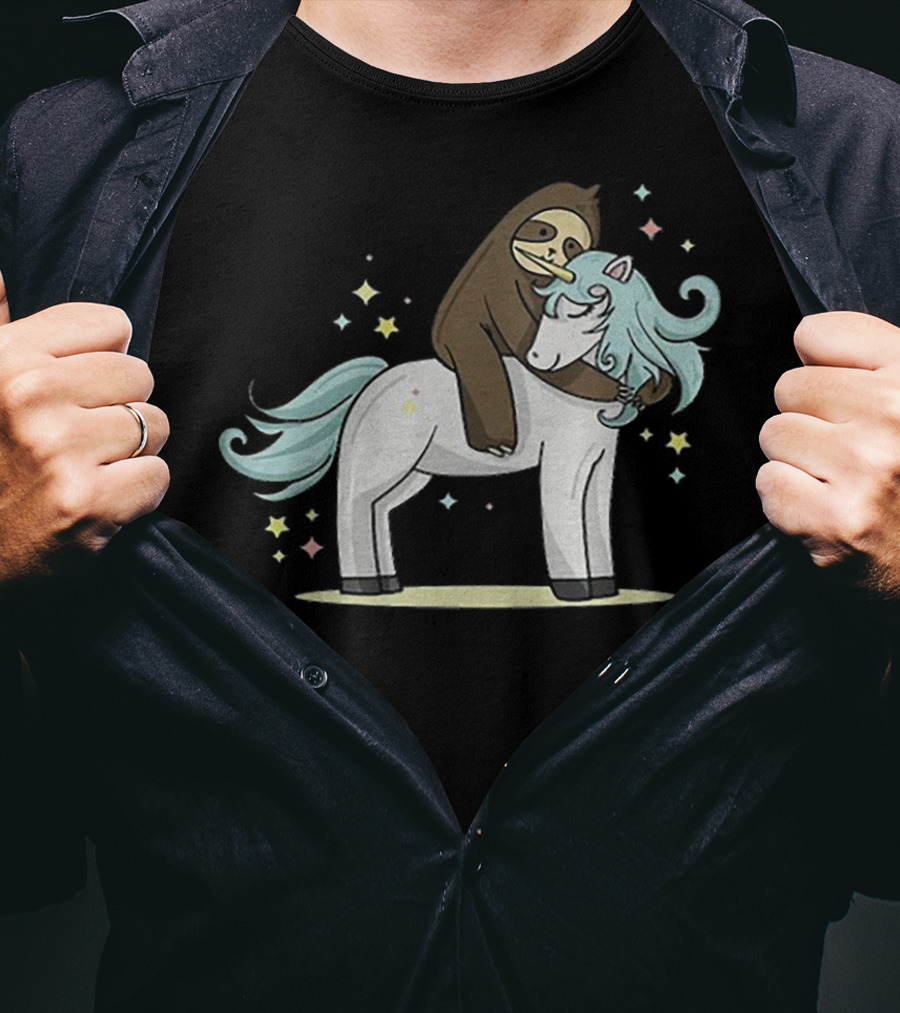 Sloth Hugging Magical Unicorn Surrounded By Sparkling Stars T-Shirt