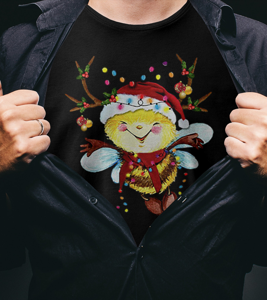 Santa Bee Reindeer Lights Holiday Cheer T-Shirt