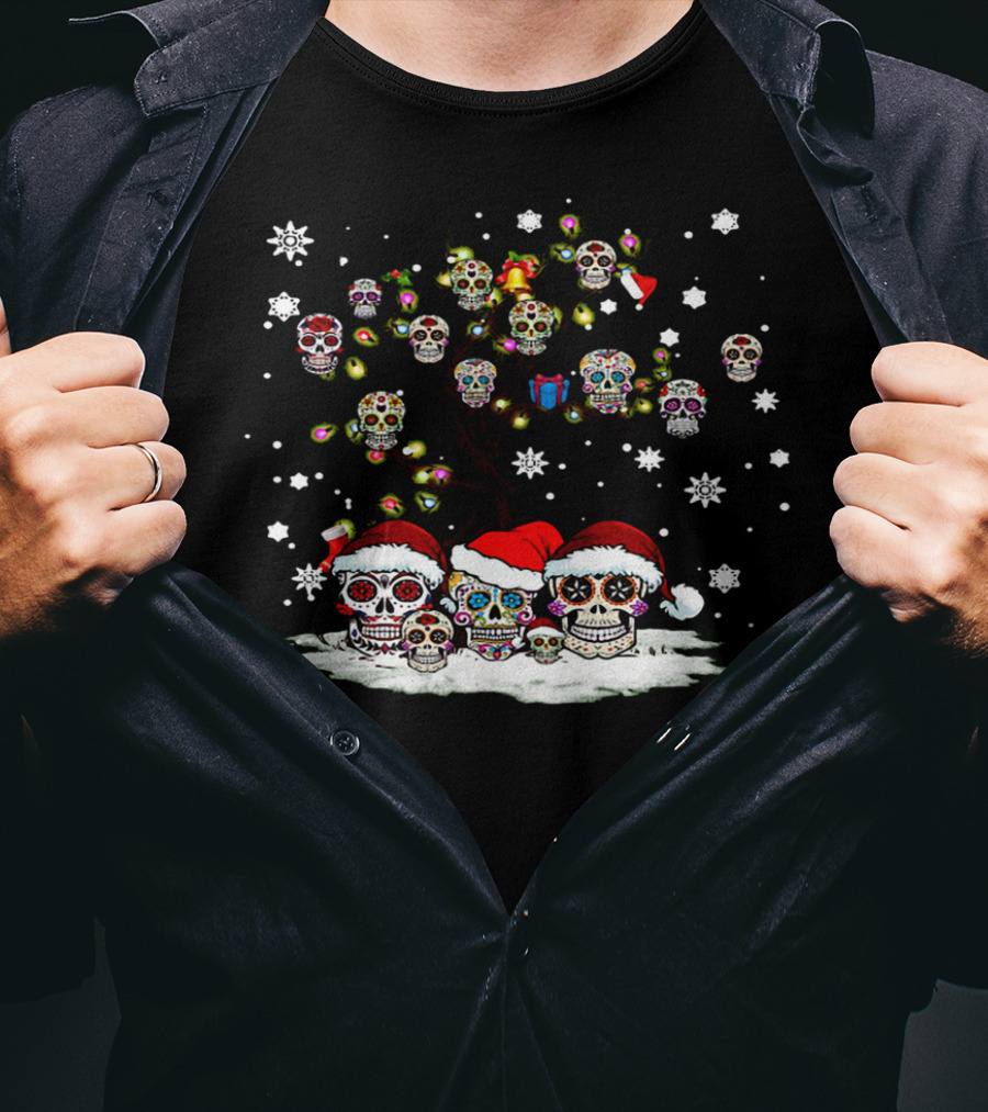 Christmas Sugar Skull Tree With Santa Hats And Snowflakes T-Shirt