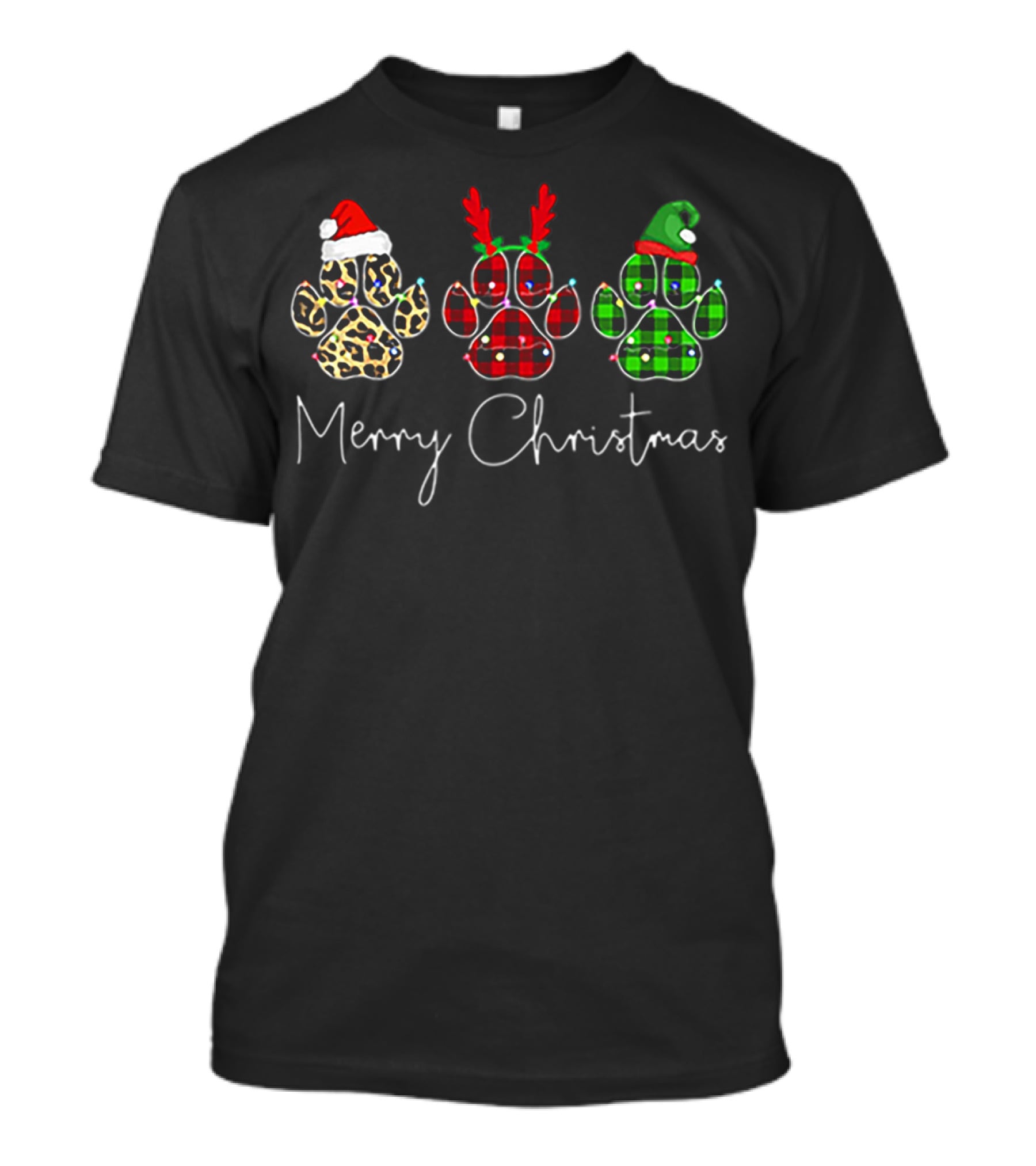 Merry Christmas Bear Paw Leopard Santa Antlers Plaid T-Shirt