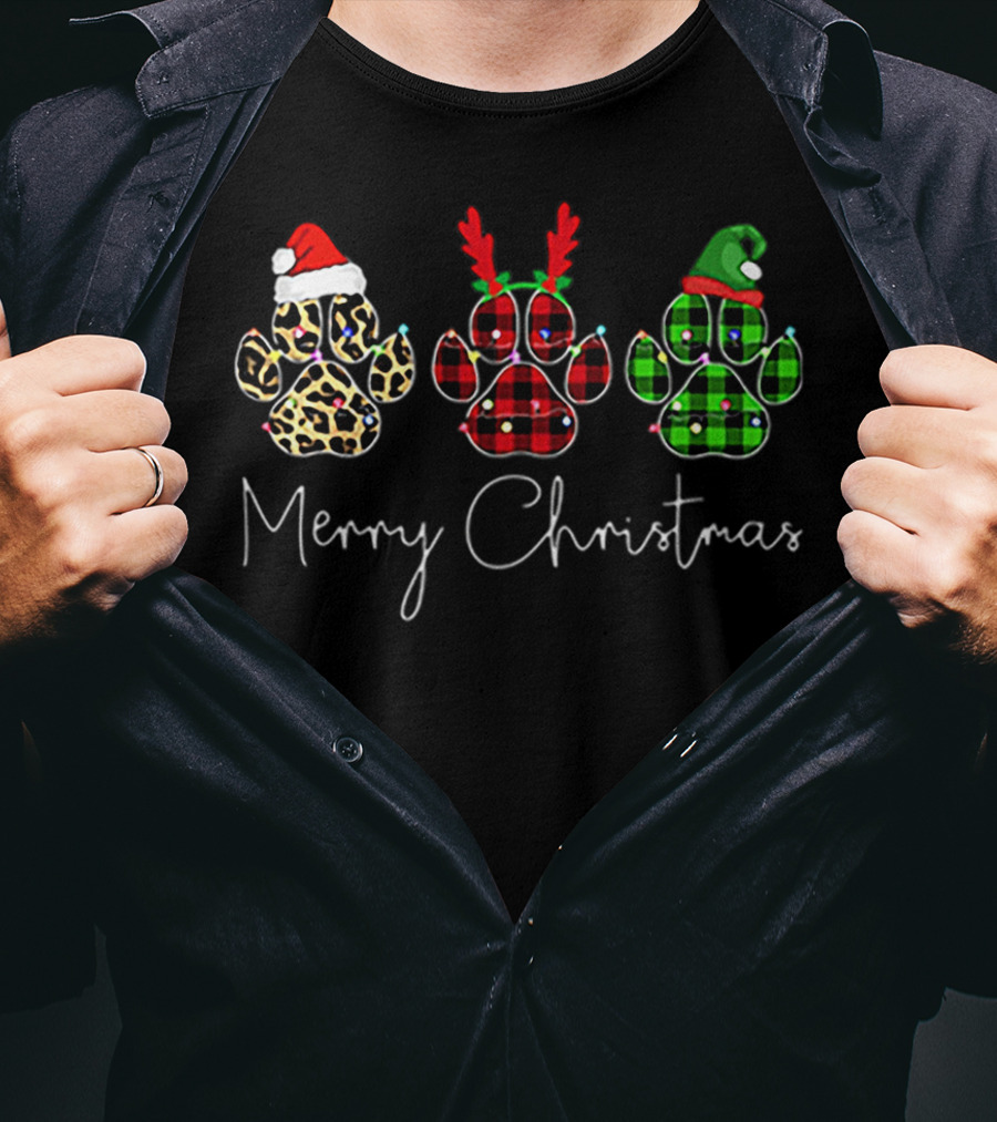 Merry Christmas Bear Paw Leopard Santa Antlers Plaid T-Shirt