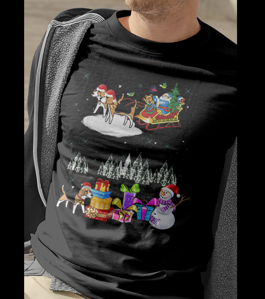 Beagle Reindeer Christmas Santa Sleigh Snowman Presents Trees Moon T-Shirt