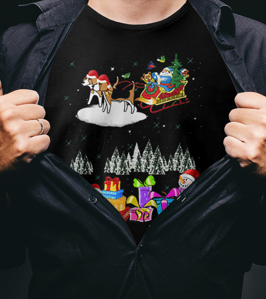 Beagle Reindeer Christmas Santa Sleigh Snowman Presents Trees Moon T-Shirt