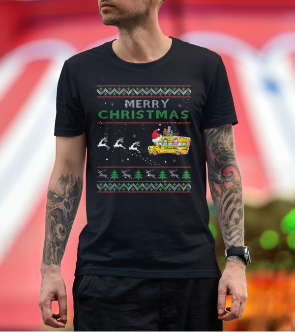 Premium T-Shirt: Merry Christmas School Bus Driver Santa and Reindeer Holiday T-Shirt Merry Christmas School Bus Driver Santa and Reindeer Holiday T-Shirt
