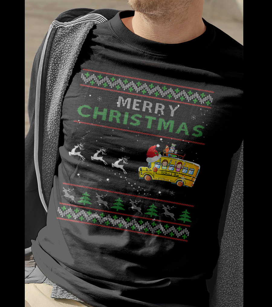 Merry Christmas School Bus Driver Santa And Reindeer Holiday T-Shirt