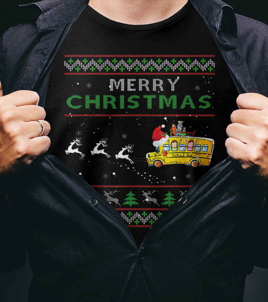 Merry Christmas School Bus Driver Santa And Reindeer Holiday T-Shirt
