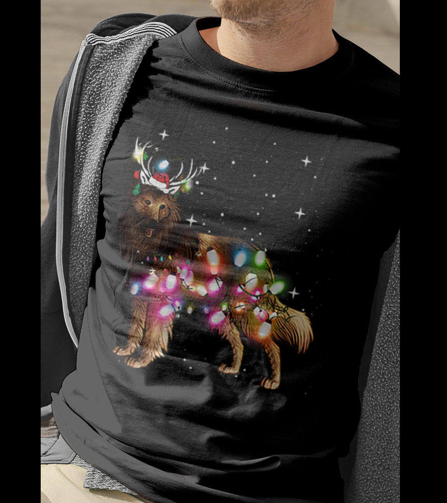 Belgian Tervuren In Santa Hat With Holiday Christmas Lights And Snowflakes T-Shirt