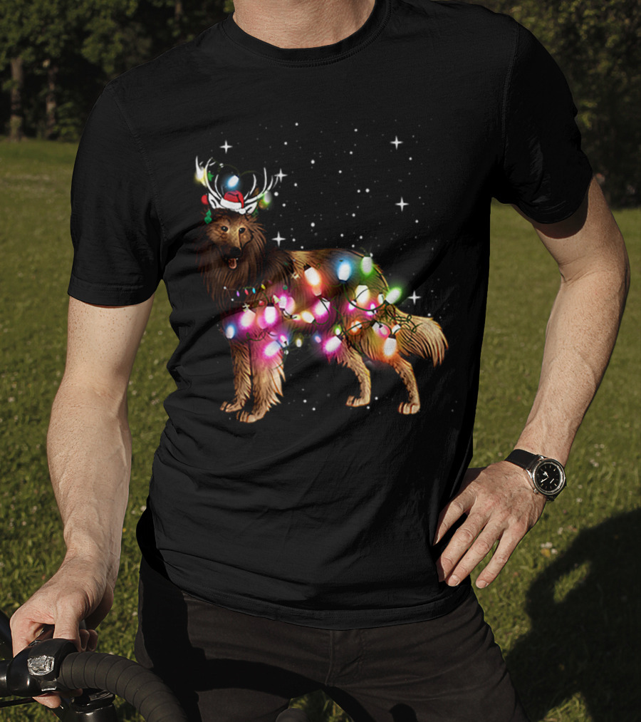 Belgian Tervuren In Santa Hat With Holiday Christmas Lights And Snowflakes T-Shirt
