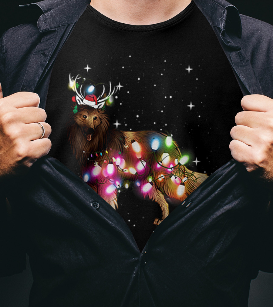 Belgian Tervuren In Santa Hat With Holiday Christmas Lights And Snowflakes T-Shirt