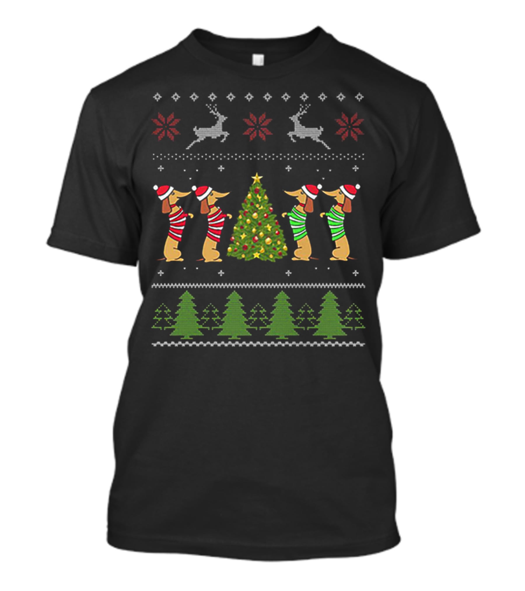 Dachshund Ugly Christmas Sweater Tree Reindeer T-Shirt