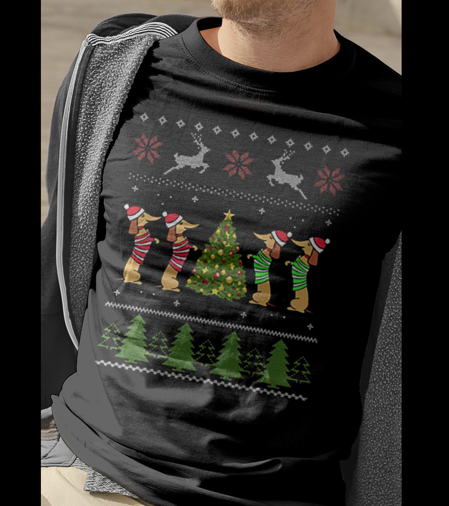 Dachshund Ugly Christmas Sweater Tree Reindeer T-Shirt