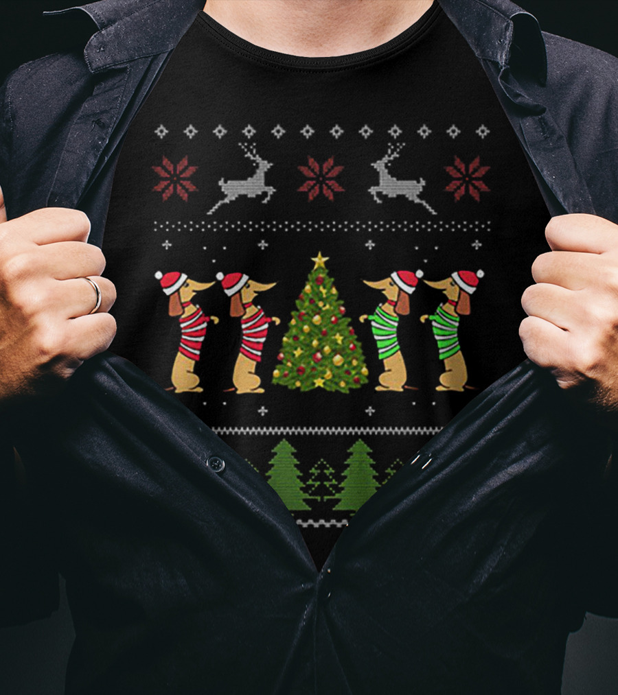 Dachshund Ugly Christmas Sweater Tree Reindeer T-Shirt