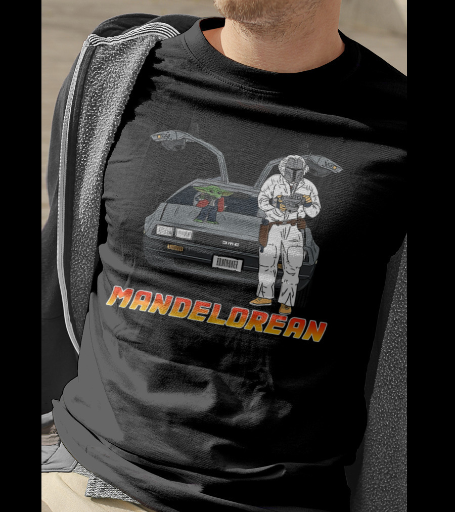 Mandelorean Baby Yoda And Boba Fett With DeLorean Car T-Shirt